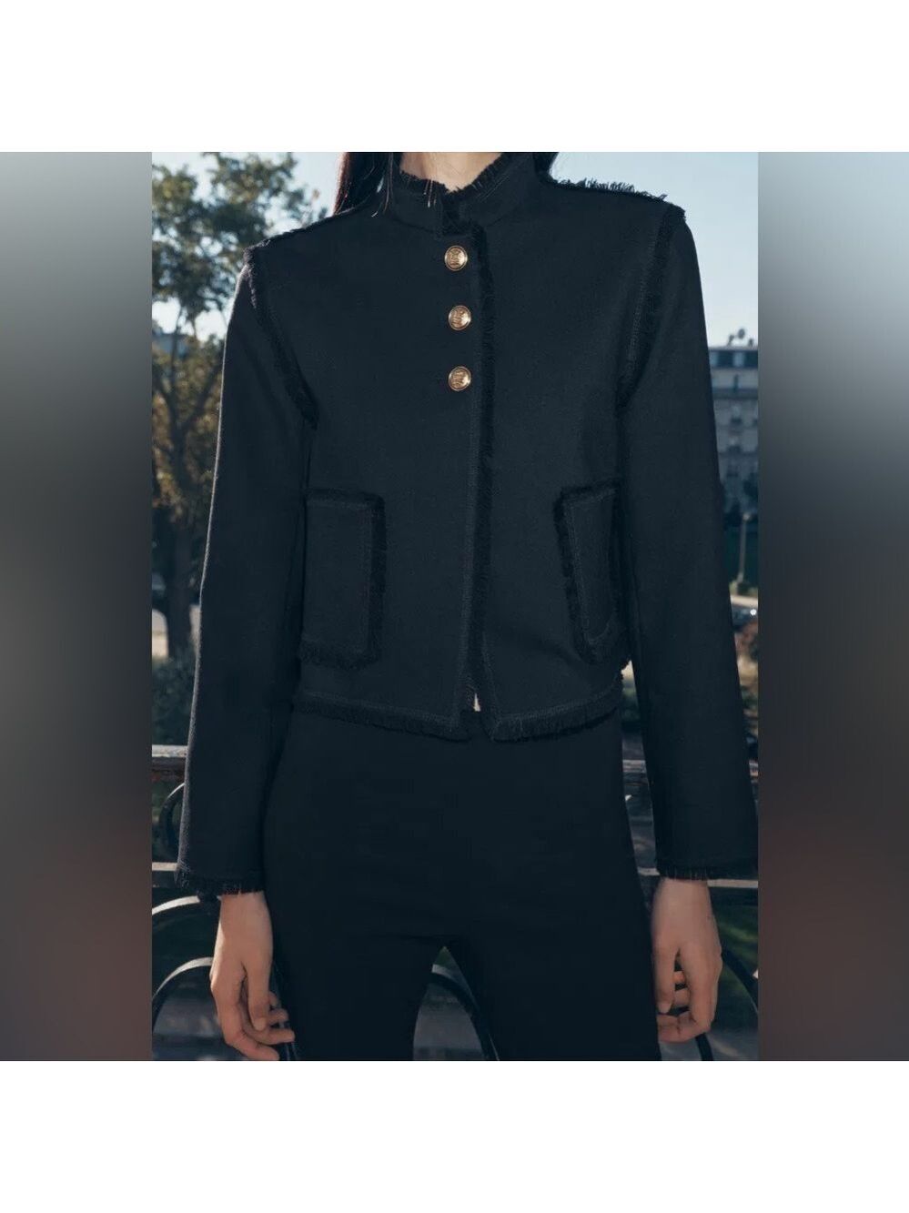 Zara ZW Collection 100% Wool Fringed Cropped Jacket Size L - Picture 3 of 13